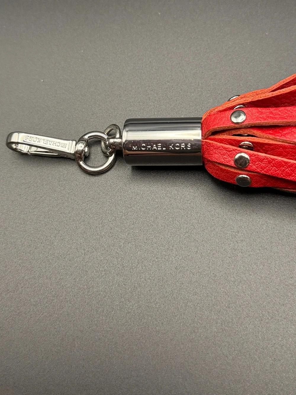 Michael Kors Red Leather Tassel Keychain with Silver Hardware